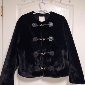 H&M Black Faux Fur Jacket with Gold Accents